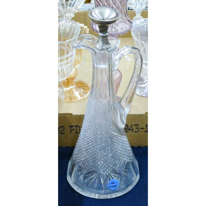 Antique Cut Glass Claret Jug with Sterling Stopper 11''