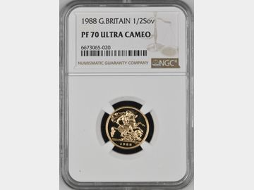 1988 ELIZABETH II PROOF GOLD HALF SOVEREIGN PF70 UCAM