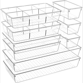 EXTRA LARGE DRAWER DIVIDERS CRIUSIA 9 PACK DRAWER ORGANIZER TRAYS, 3 SIZES CLEAR PLASTIC DRAWER ORGANIZATION STORAGE BINS, NON-SLI