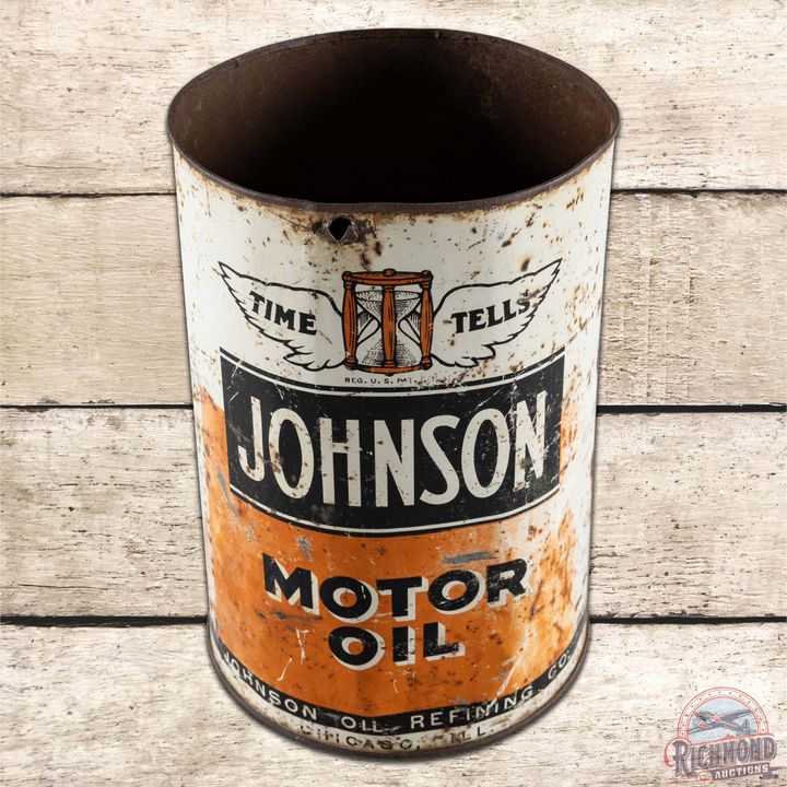 Johnson Time Tells Motor Oil 5 Quart Metal Can w/ Logo