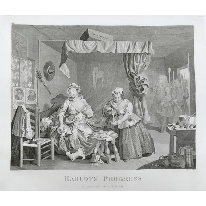 Harlot's Progress' Etchings by Thomas Cook after William Hogarth- 6pc Set- 17x23.5'' sheets