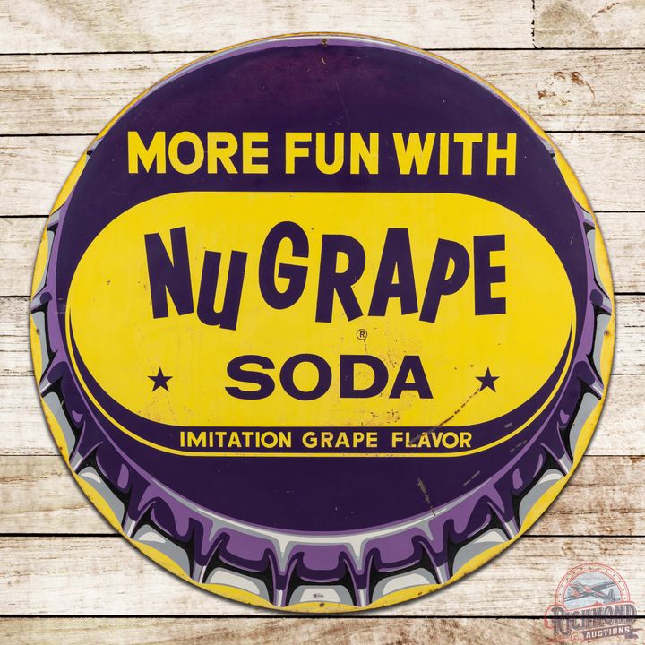 More Fun With NuGrape Soda 36" Single Sided Tin Bottlecap Sign