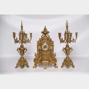 19th Century Bronze French Empire Mantel Clock Set