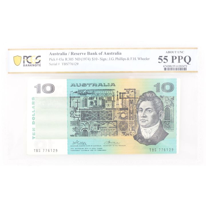 1974 Australia $10 Banknote Phillips/Wheeler About Unc 55 PPQ  - R.305