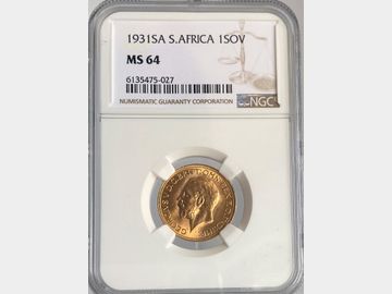 1931 GEORGE V SOUTH AFRICA MINT GOLD SOVEREIGN MS64
