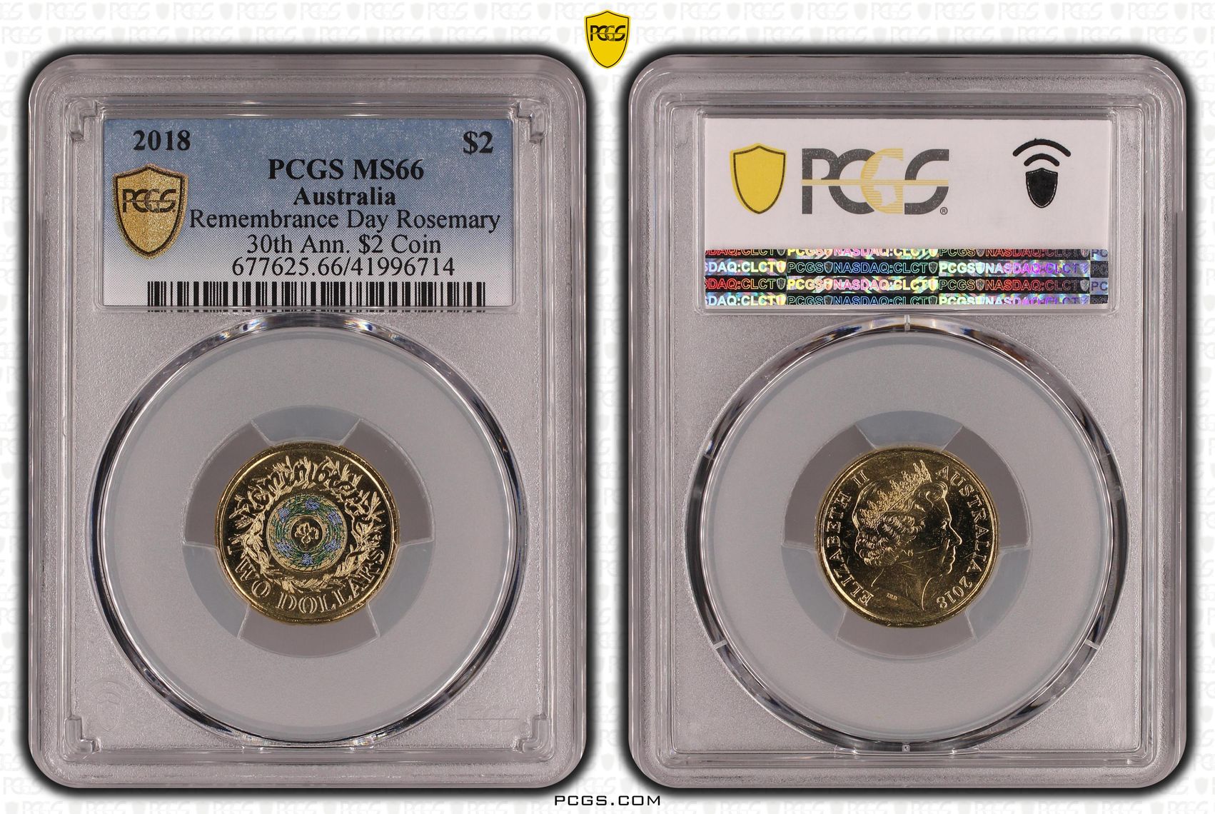 Remembrance Day Rosemary 30th Ann. $2 Coin Colourised, Two Dollar, 2018, PCGS MS66
