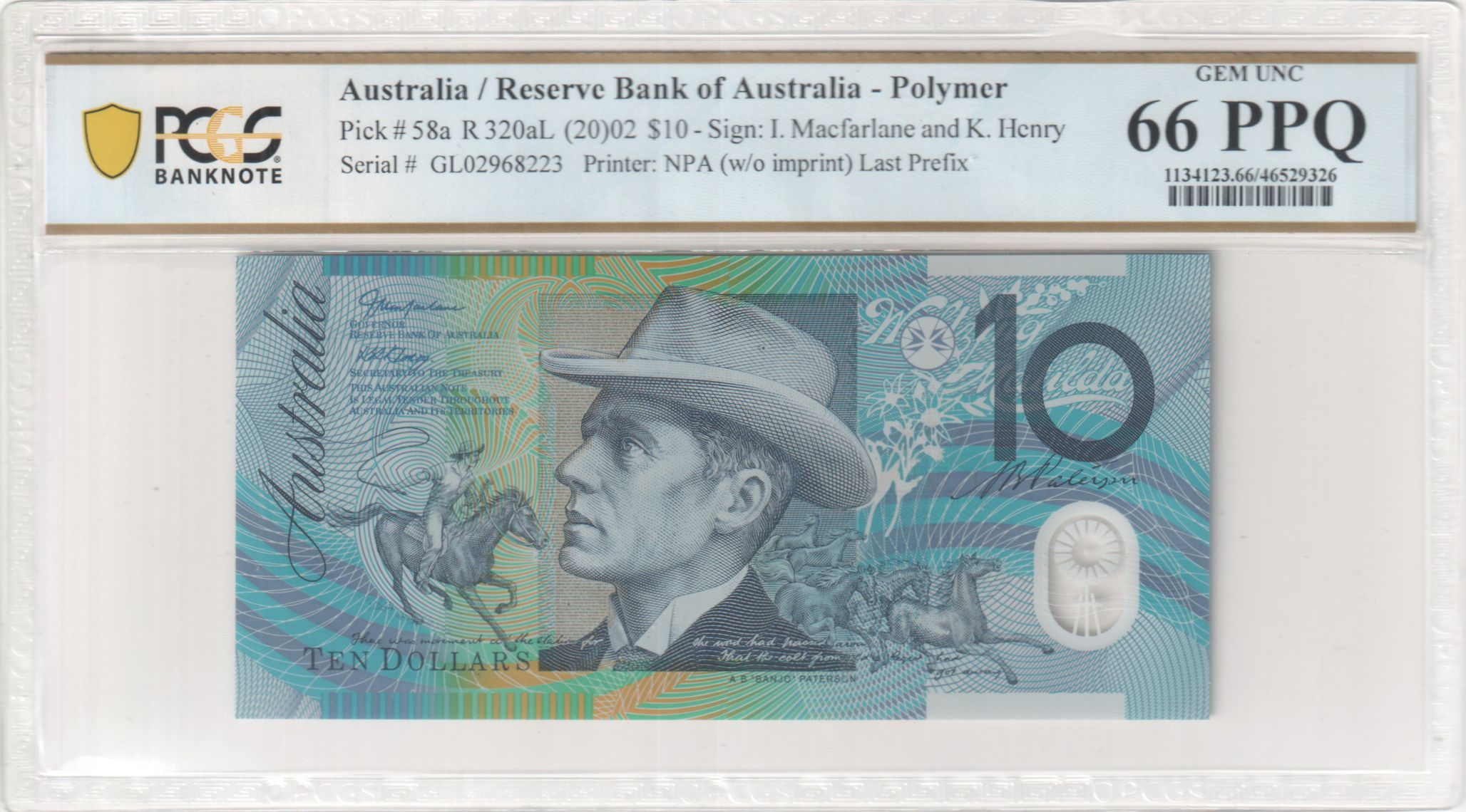 Macfarlane/Henry, Last Prefix, Ten Dollar, 2002, PCGS Gem UNC 66 PPQ