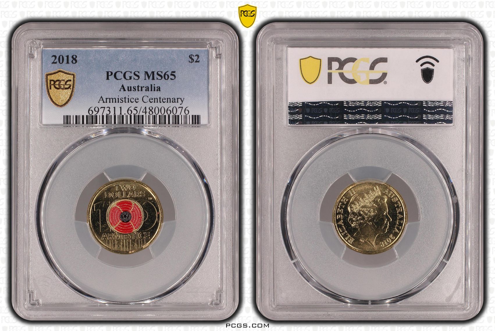 Armistice Centenary Colourised, Two Dollar, 2018, PCGS MS65