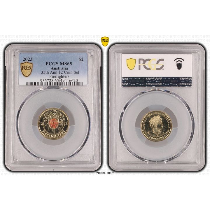 Elizabeth II, 35th Ann $2 Coin Set Colorized - Firefighters , Two Dollar, 2023, PCGS MS65