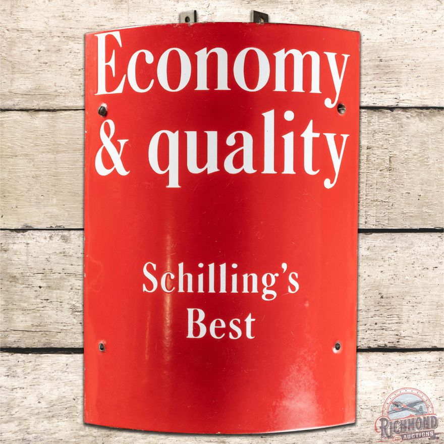 Schilling's Spices "Economy & Quality" Curved SS Porcelain Sign w/ Bracket