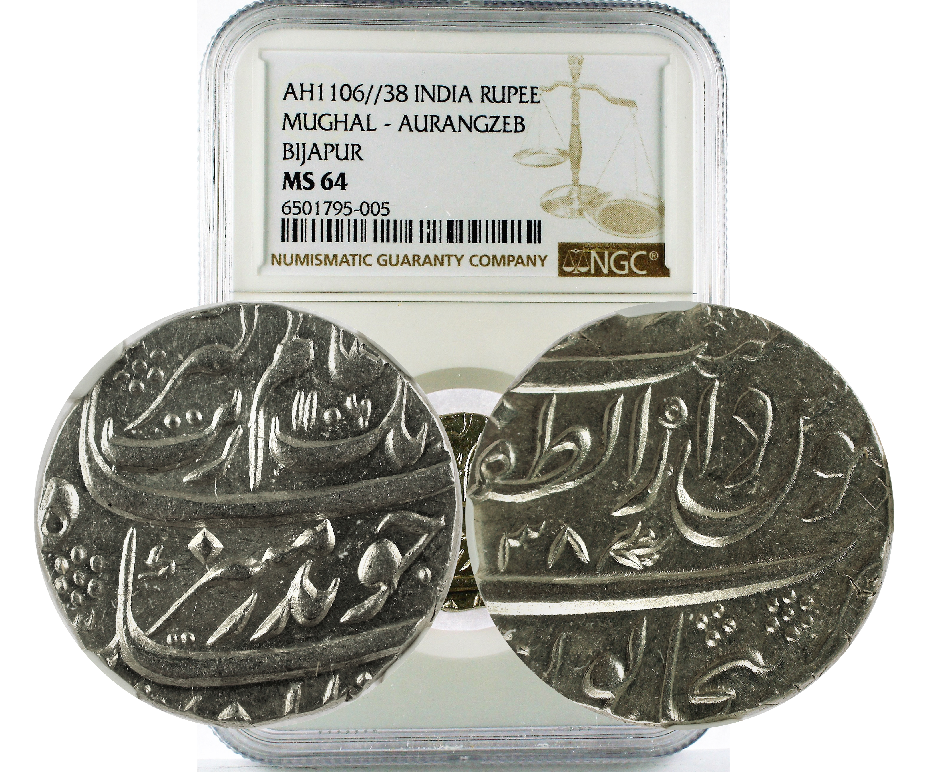 AH1106//38 INDIA MUGHAL - AURANGZEB BIJAPUR RUPEE MS 64