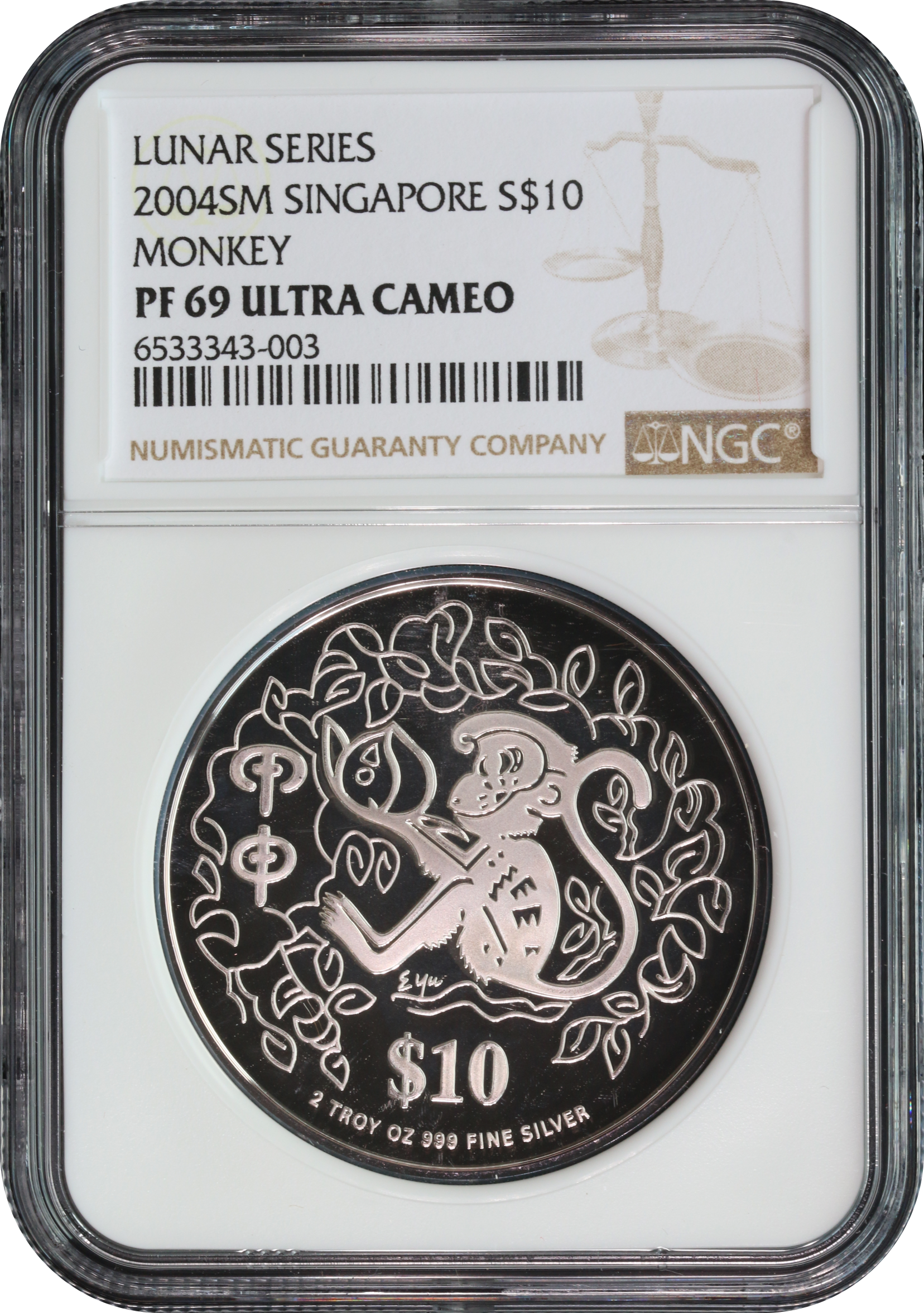Singapore Lunar Series 2004 S$10 MONKEY NGC PF69 Ultra Cameo