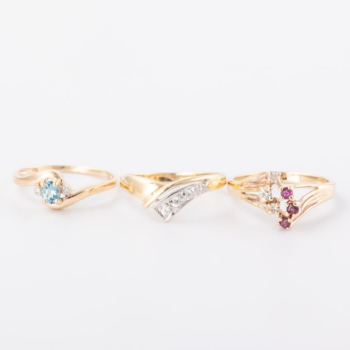 Three Diamond, Ruby & Topaz Rings