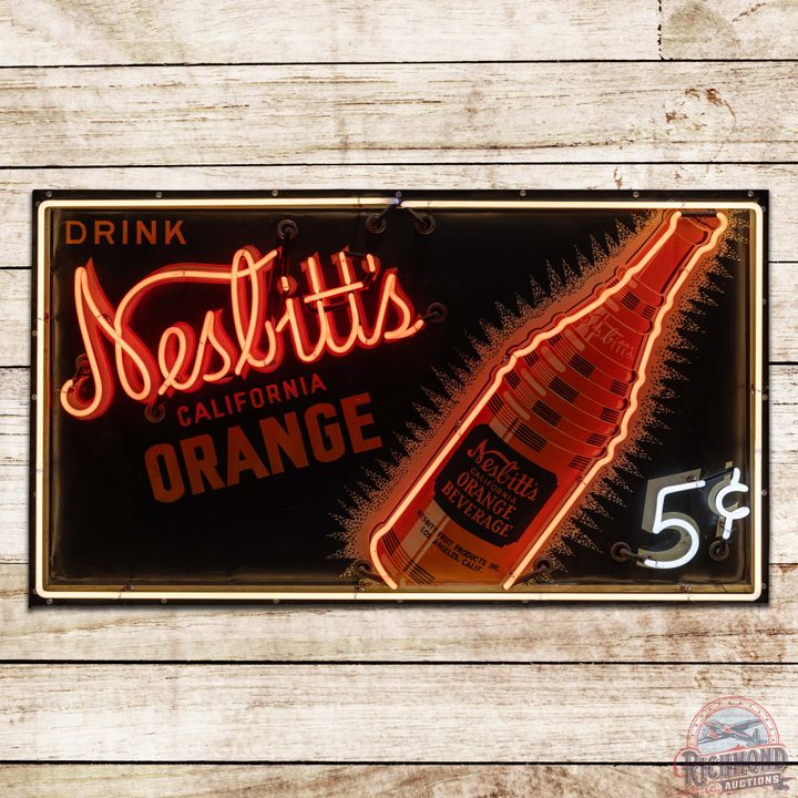 Drink Nesbitt's California Orange 5 Cents Single Sided Tin Neon Sign w/ Bottle