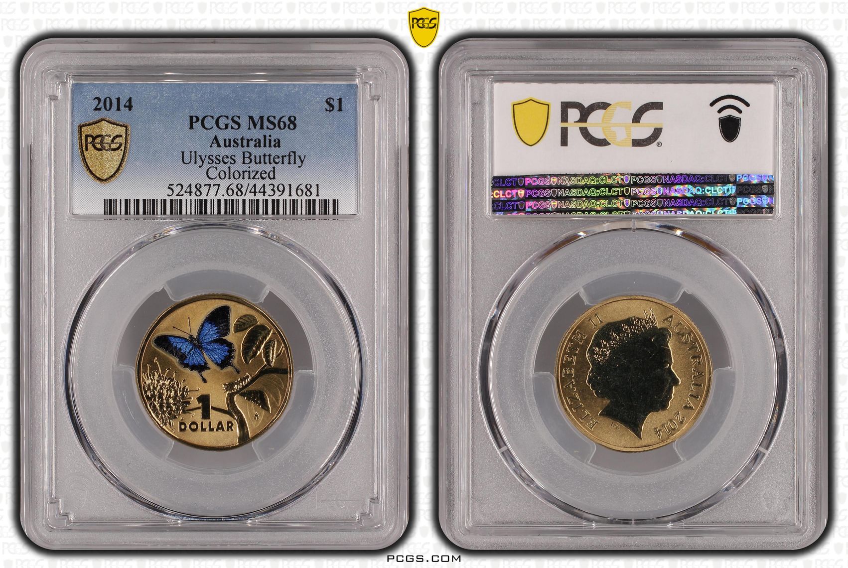 2014 Australia One Dollar, $1 Ulysses Butterfly Colorized PCGS - MS68 -681