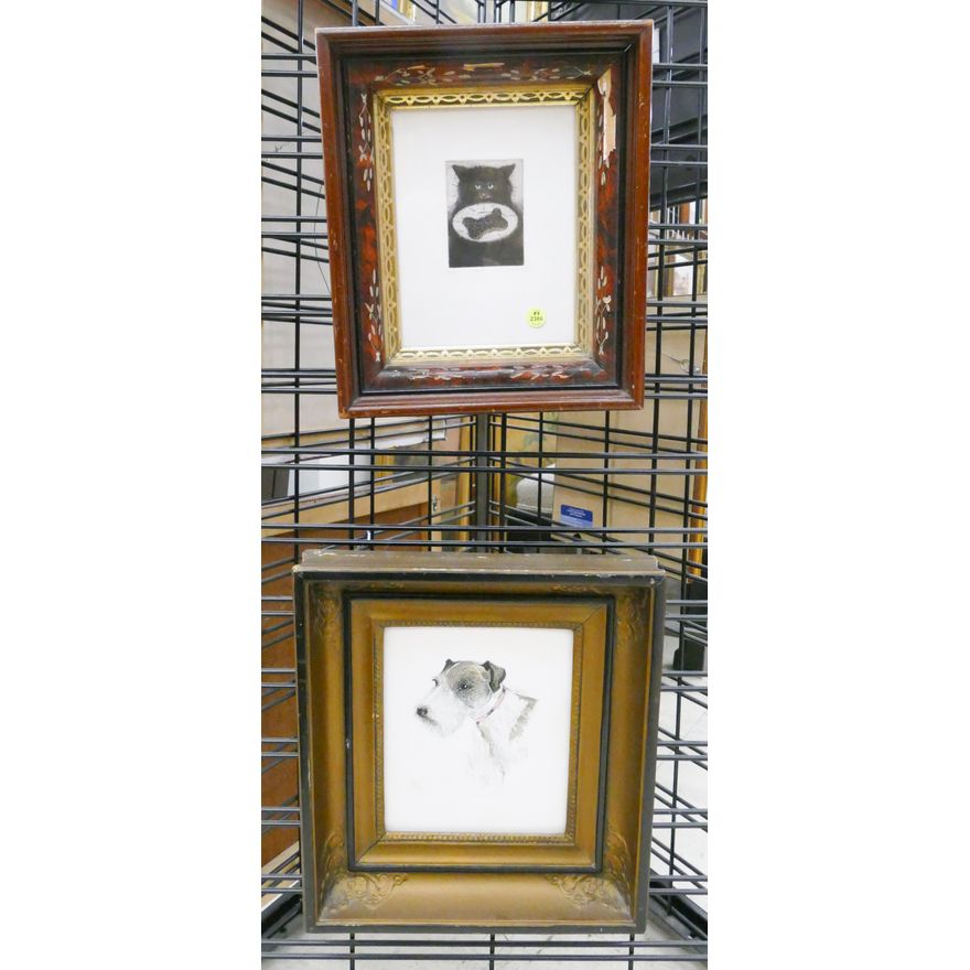 2pc Modern Dog & Cat Etchings Framed- largest 15x13''