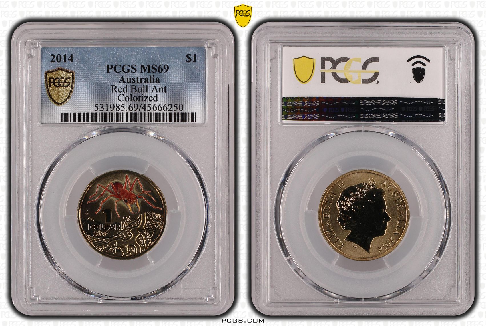2014 Australia One Dollar, $1 Red Bull Ant Colorized PCGS - MS69 POP 20/0 -250