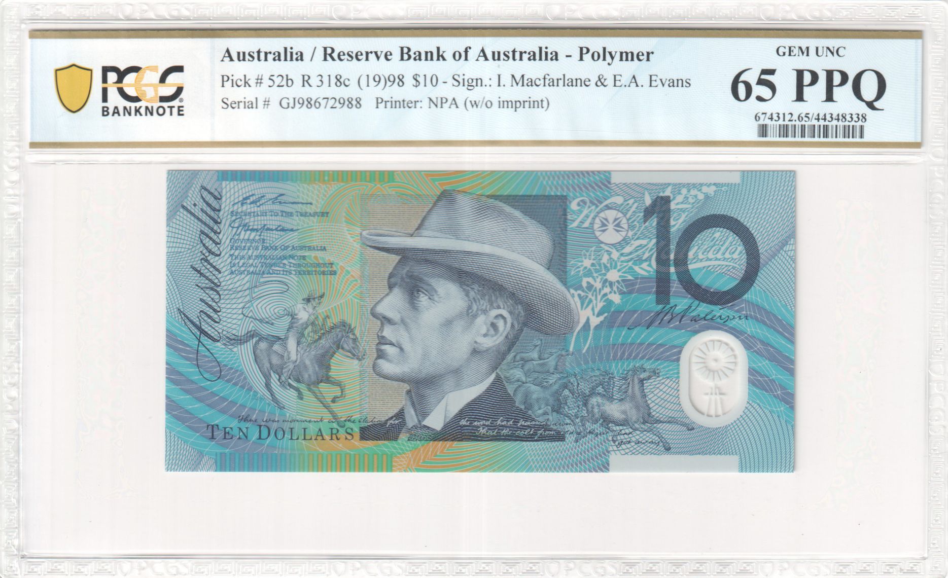 1998 $10 Macfarlane/Evans Gem Unc 65 PPQ