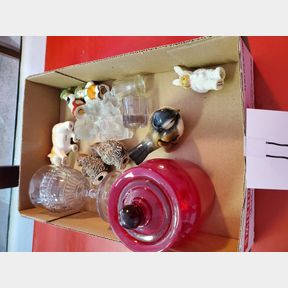 Ruby red container, salt/peppers, misc figurines