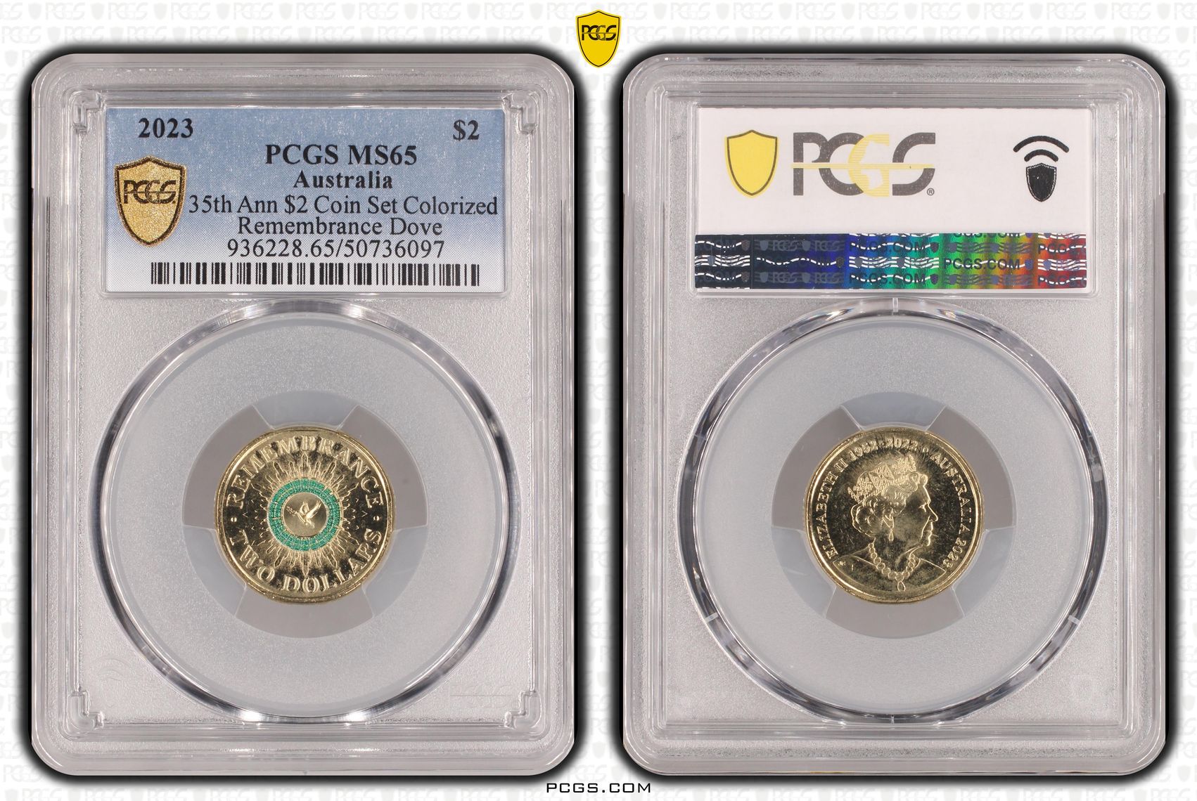 35th Ann $2 Coin Set Colorized Remembrance Dove , Two Dollar, 2023, PCGS MS65