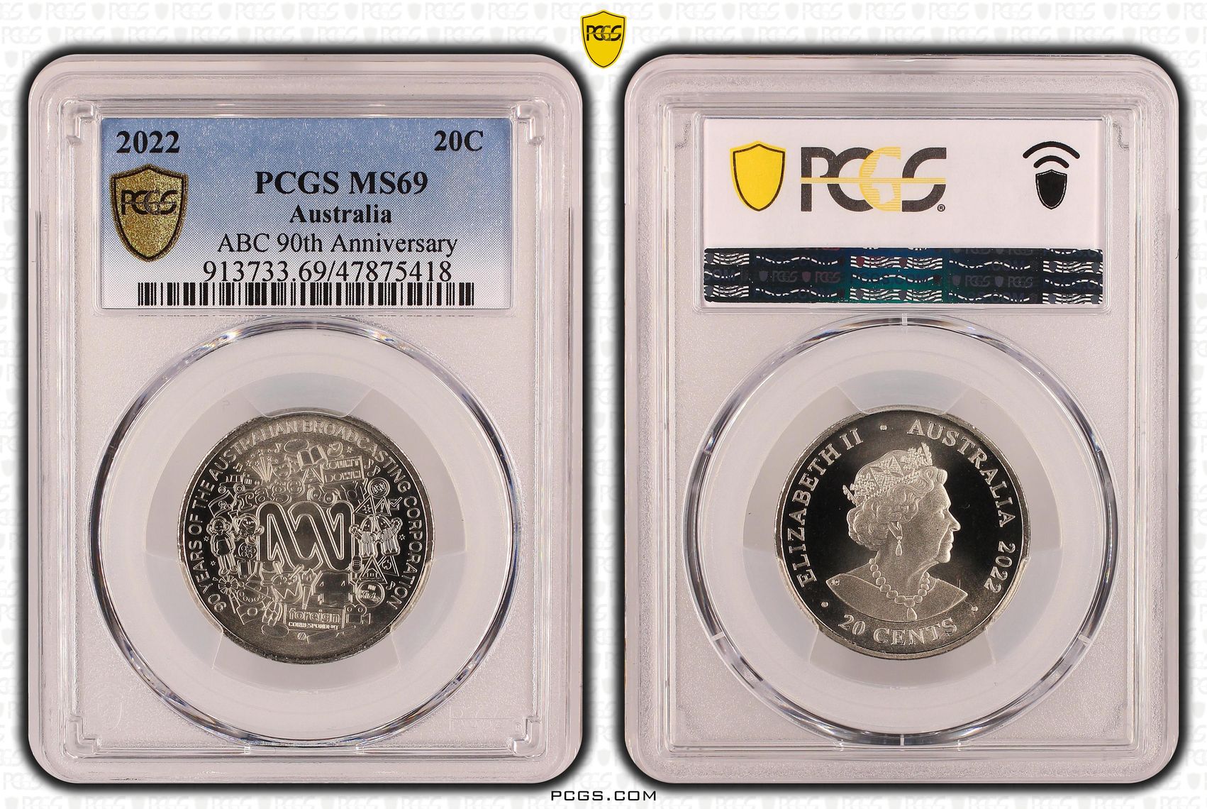 ABC 90th Anniversary , Twenty Cent, 2022, PCGS MS69
