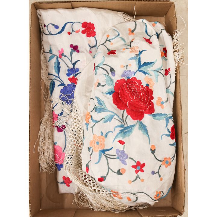 Box 2pc Chinese Silk Embroidered Game Tablecloths