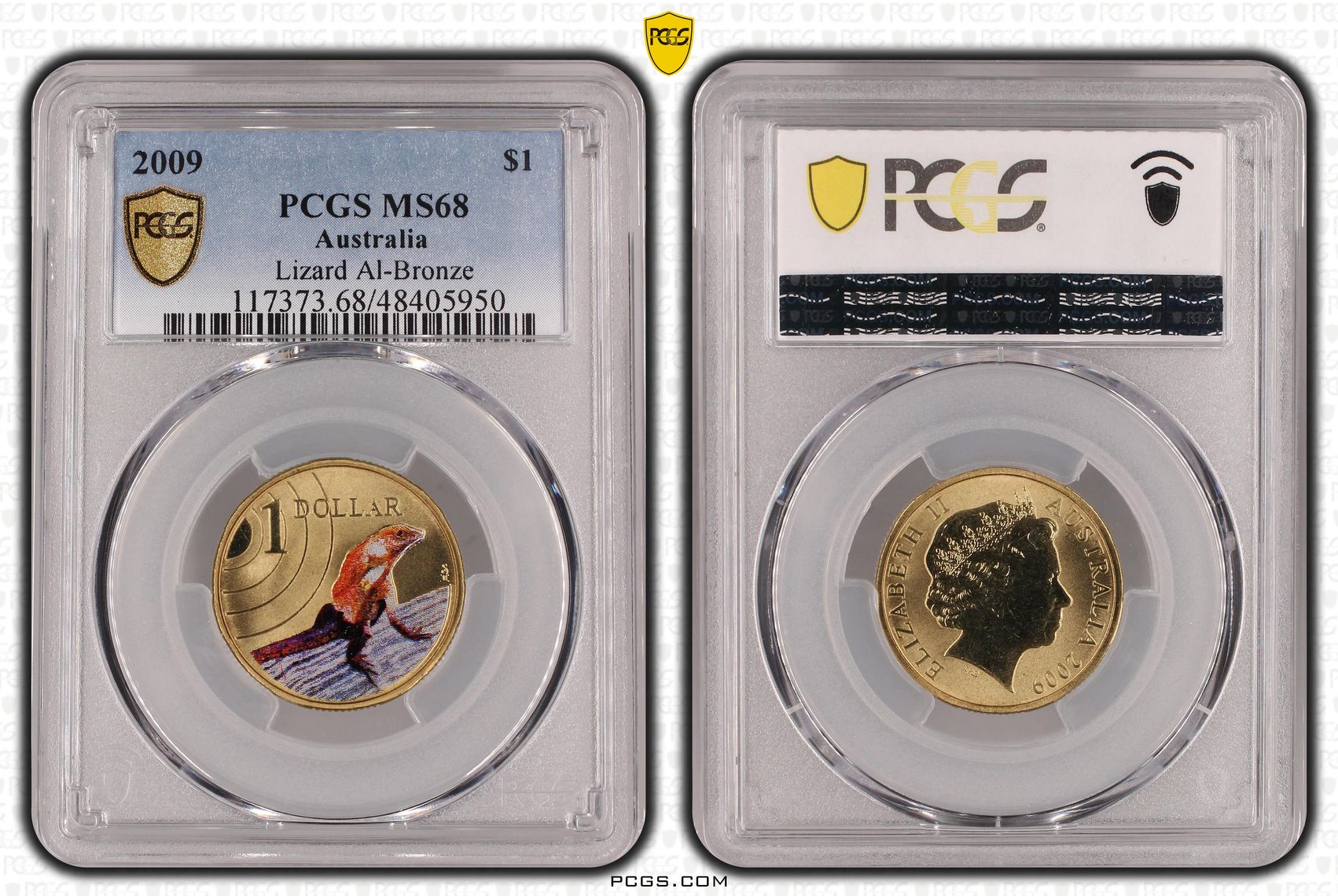 224 · Elizabeth II, Lizard Al-Bronze Colorized, One Dollar, 2009, PCGS MS68
