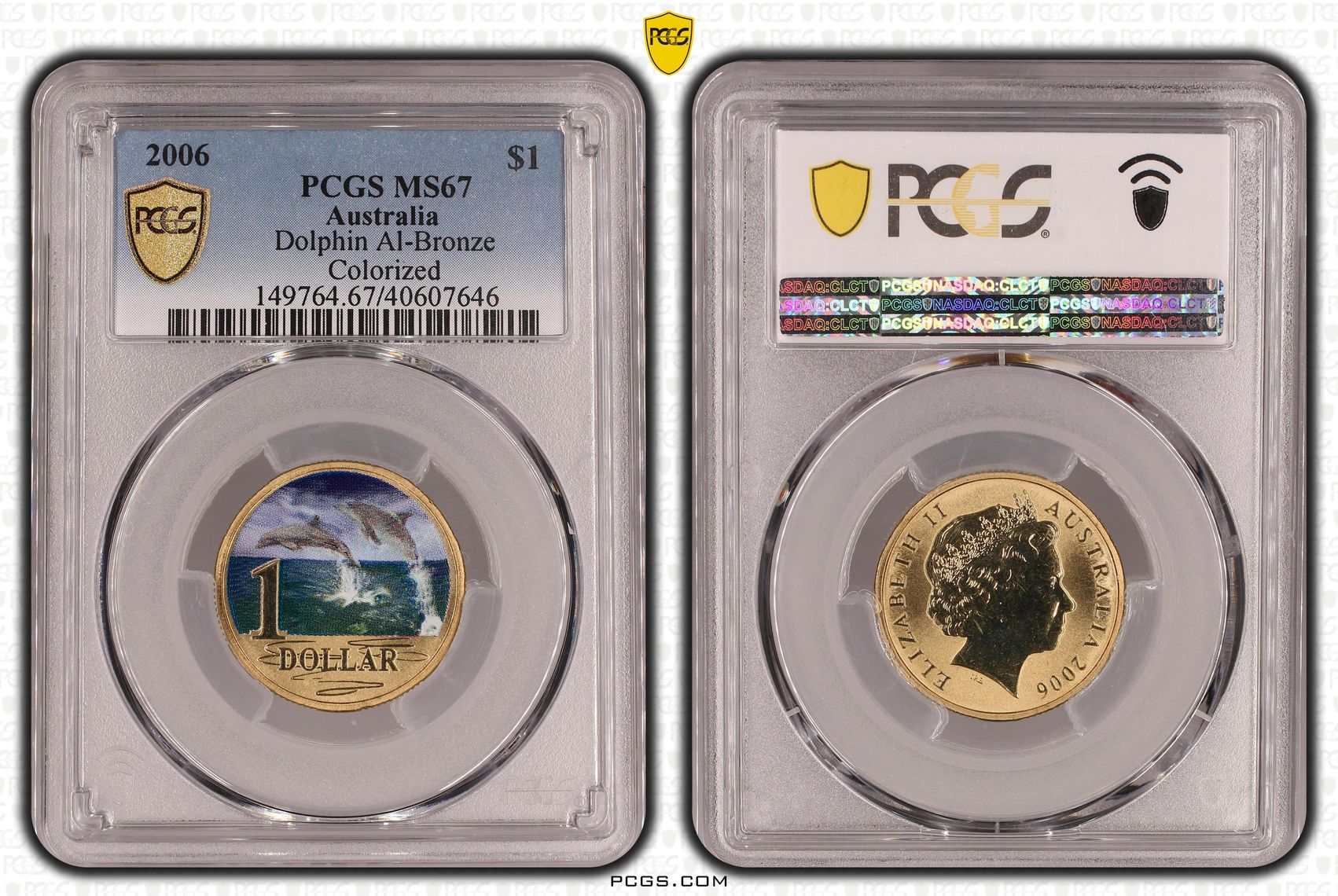 Dolphin AlBronze Colourised, One Dollar, 2006, PCGS MS67