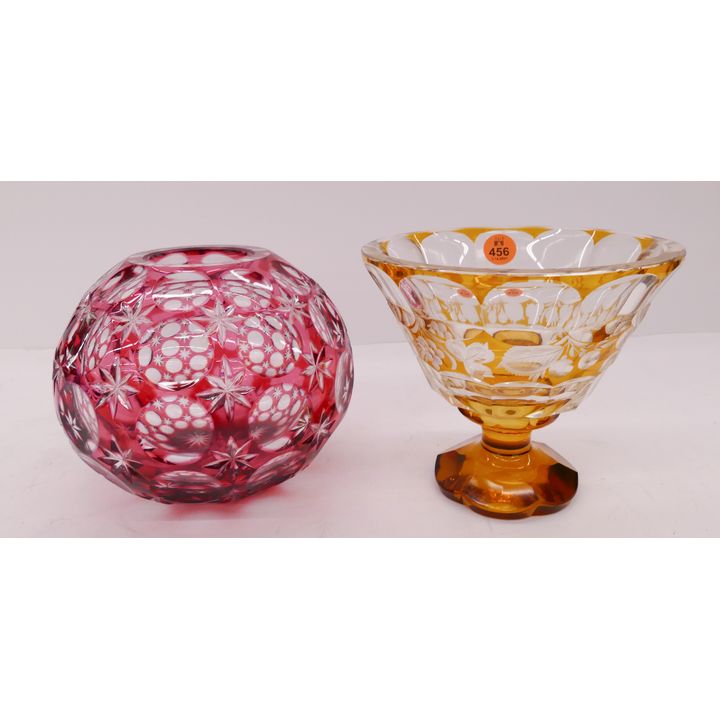 2pc Bohemian Cut to Clear Rose Bowl & Compote- approx 5''
