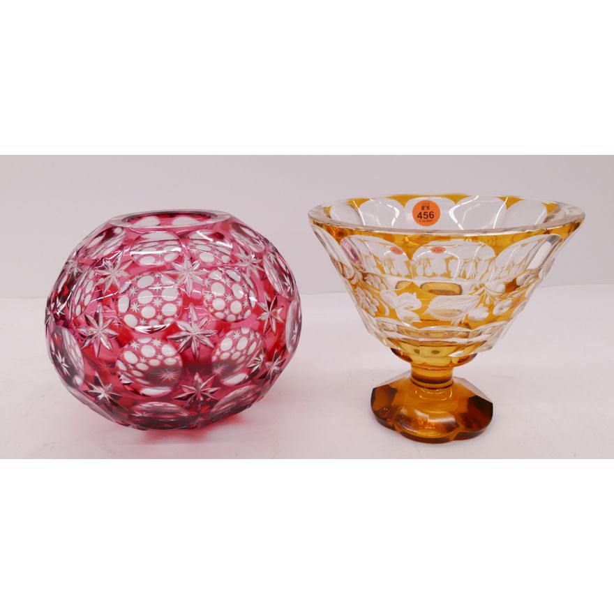 2pc Bohemian Cut to Clear Rose Bowl & Compote- approx 5''