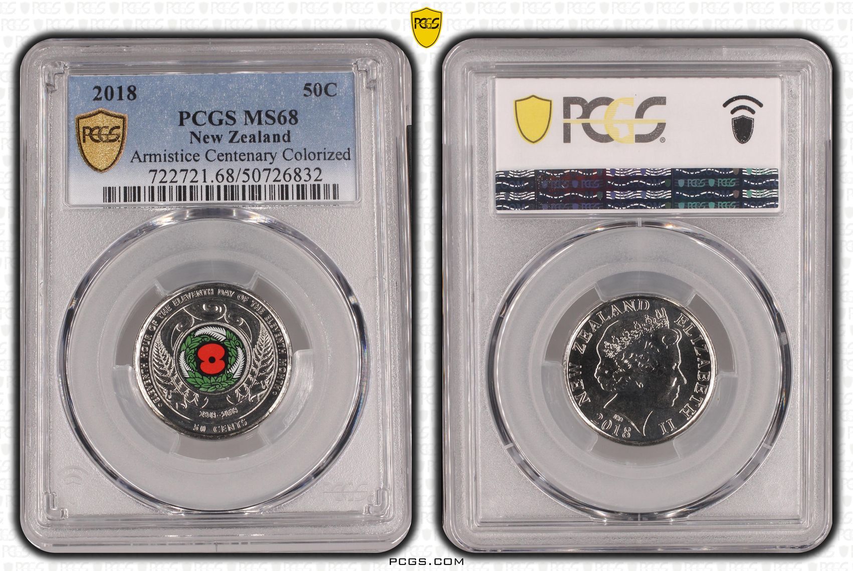 New Zealand, Armistice Centenary Colorized, Fifty Cent, 2018, PCGS MS68
