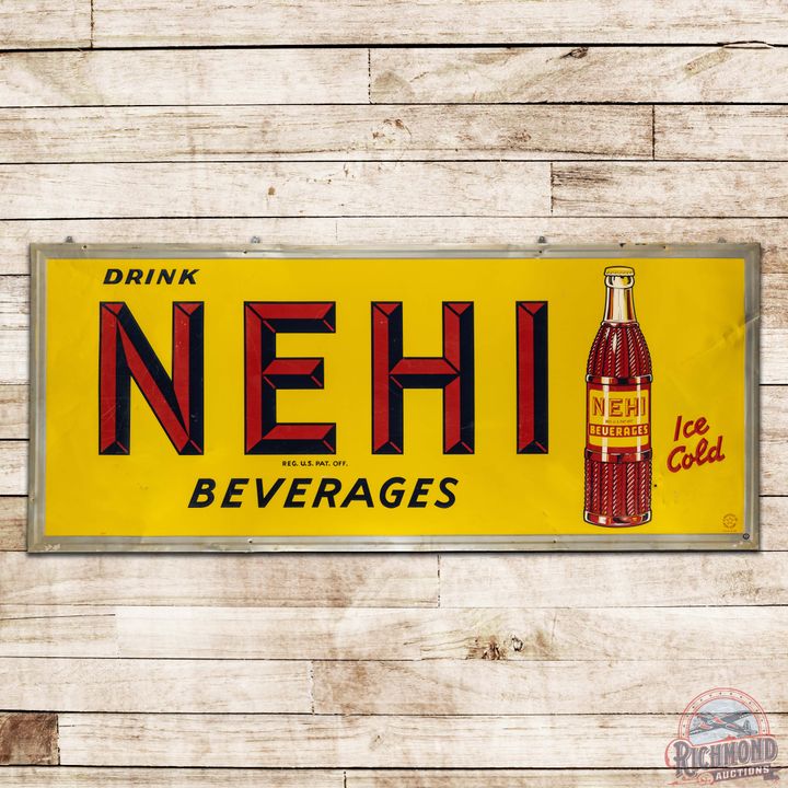 1948 Drink Nehi Beverages 8' Emb. Single Sided Tin Sign w/ Bottle