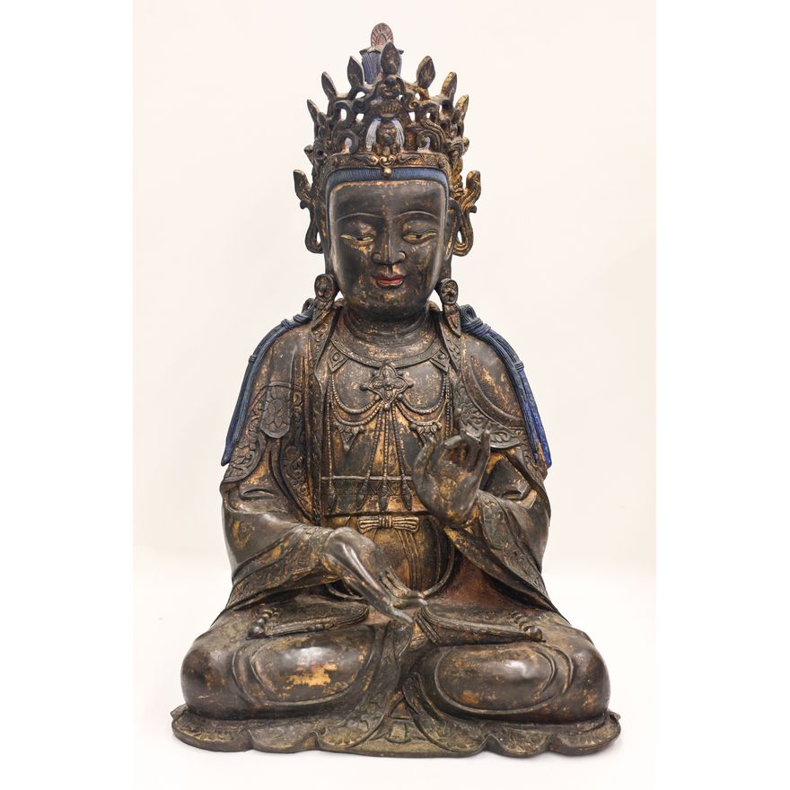 Chinese Parcel Gilt Polychrome Bronze Seated Guanyin