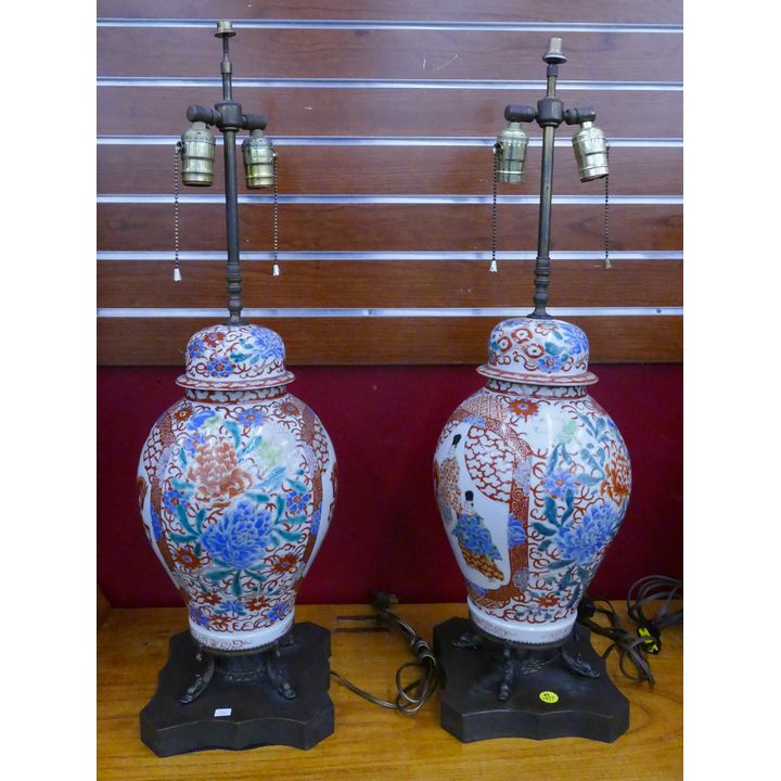 Pair Old Japanese Kutani Covered Jar Table Lamps- 29''