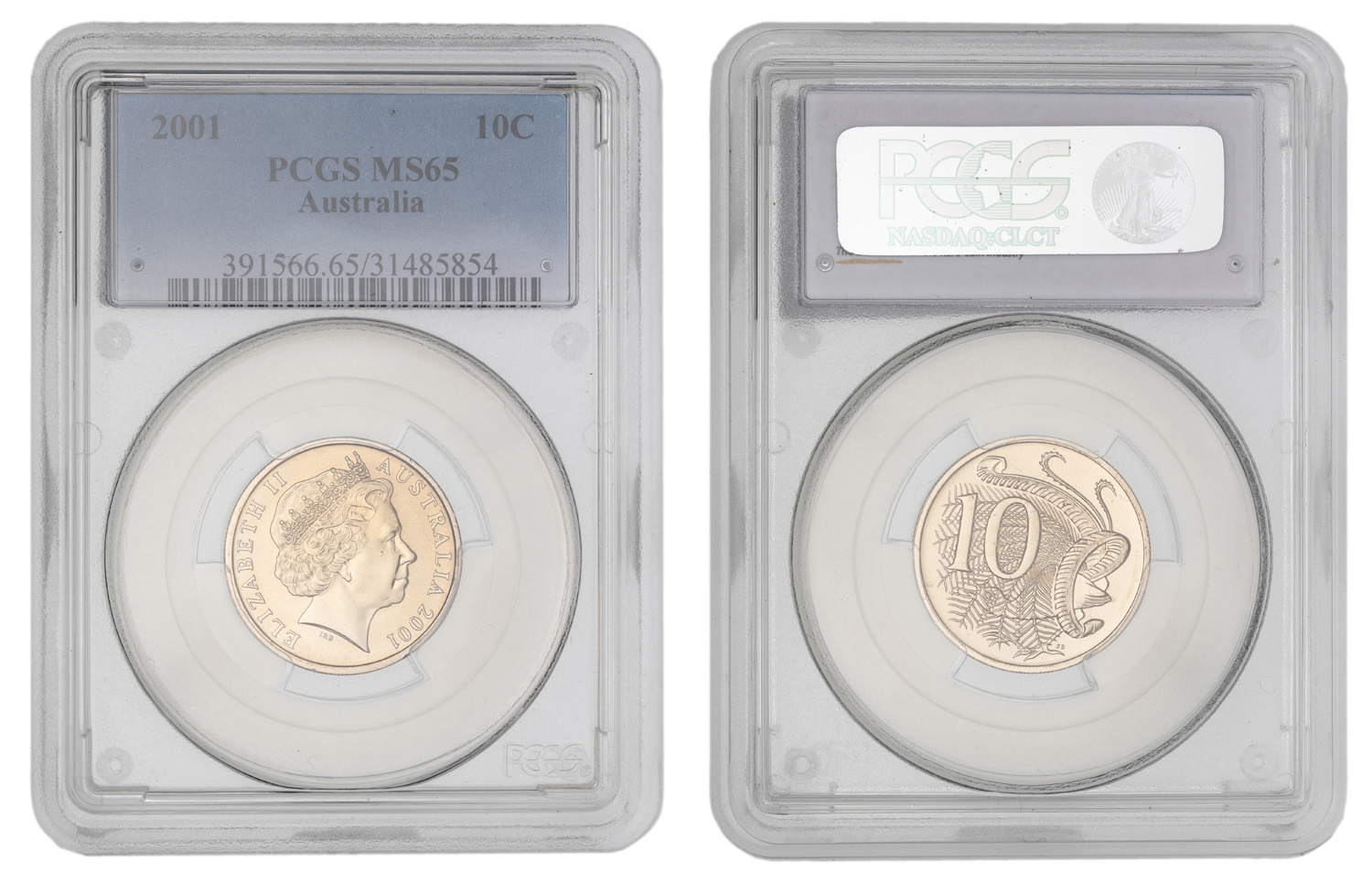 Elizabeth II, Large Head, Ten Cent, 2001, PCGS MS65