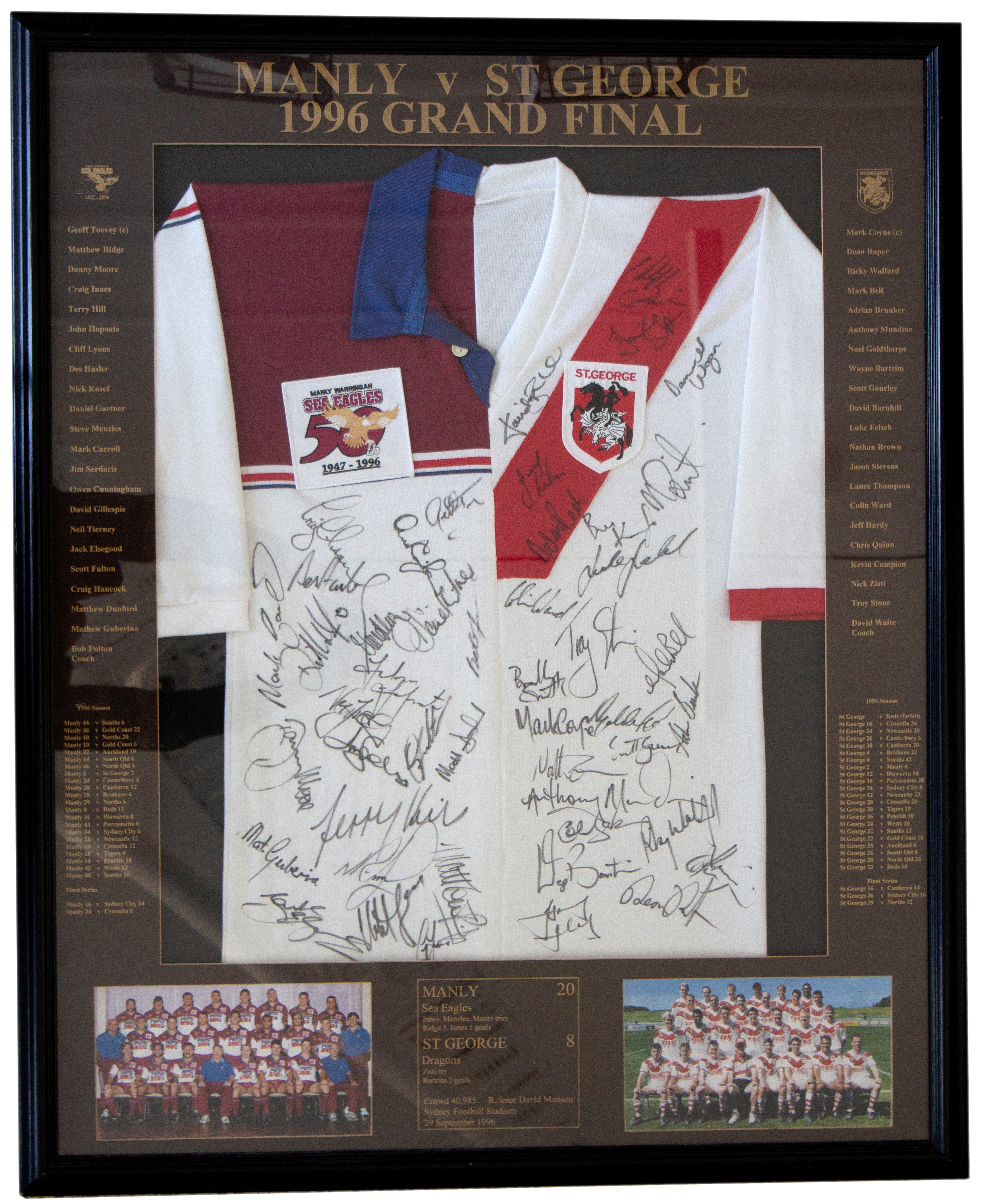 325 · Manly & St. George Rugby League Final, Signed Jersey, 1996, VGC