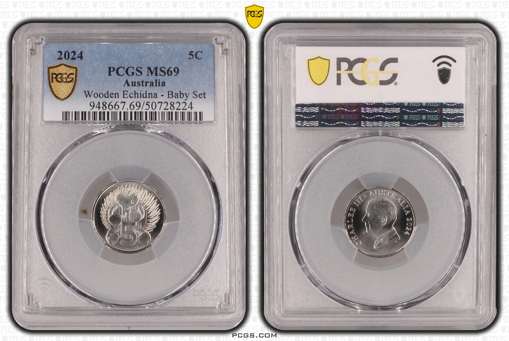 Wooden Echidna - Baby Set POP 2/0, Five Cent, 2024, PCGS MS69