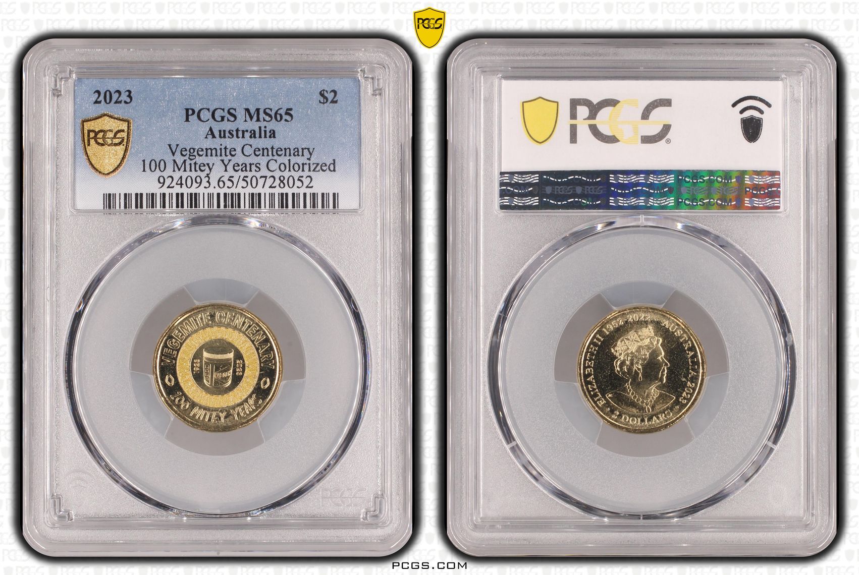 Vegemite Centenary Colorized 100 Mitey Years , Two Dollar, 2023, PCGS MS65