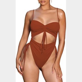 VIOTTISET WOMEN'S CUT OUT DRAWSTRING ONE PIECE SWIMSUIT CHEEKY HIGH CUT BATHING SUIT, XL