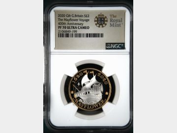 2020 'MAYFLOWER VOYAGE 400TH ANNIVERSARY' GILT PROOF SILVER 2 POUND PF70 UCAM TOP POP!