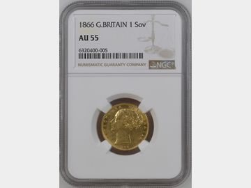 1866 VICTORIA YOUNG HEAD LONDON MINT SHIELD GOLD SOVEREIGN AU55