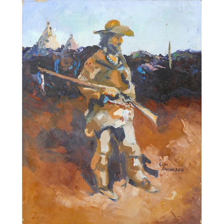 Gene Amondson ''Trapper with Teepees'' Oil on Canvas 20''x16''