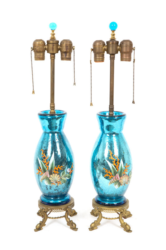 A Pair of French Enameled Iridescent Glass and Gilt Metal Lamps