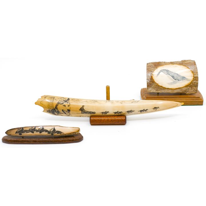 3pc Alaskan Scrimshawed Tusk Fragments on Stands. Largest 10''