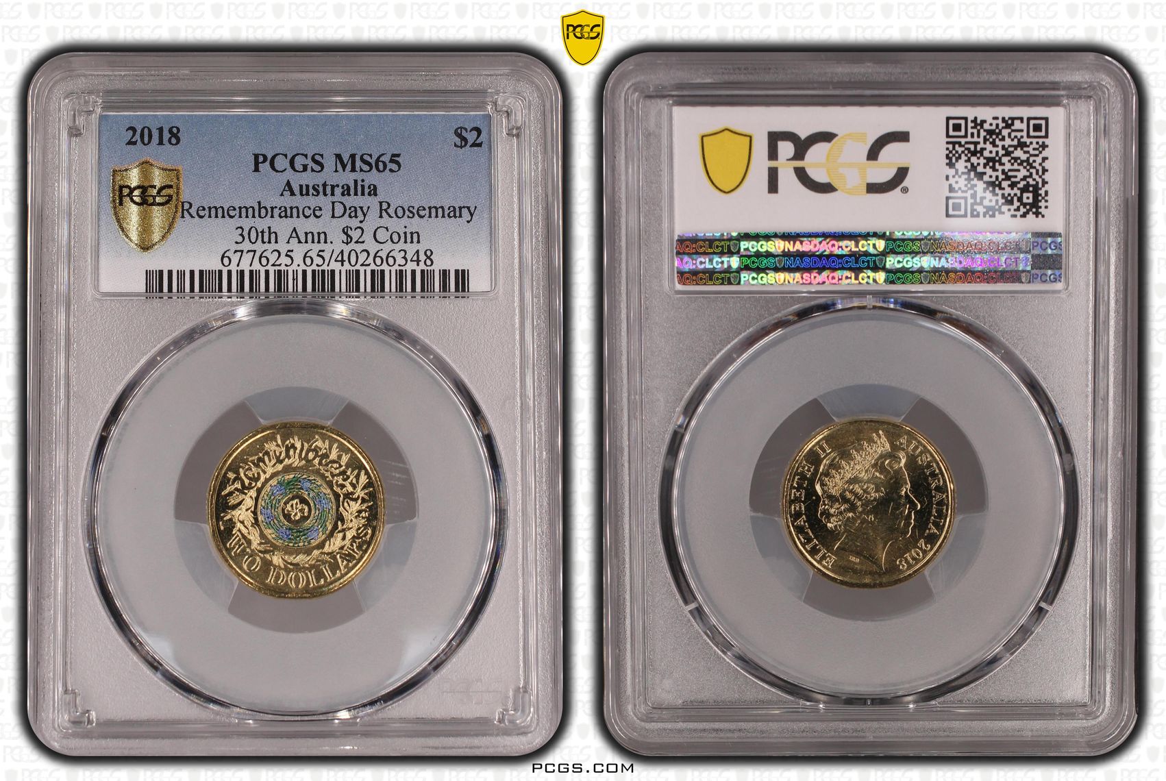 Remembrance Day Rosemary 30th Ann. $2 Coin Colourised, Two Dollar, 2018, PCGS MS65
