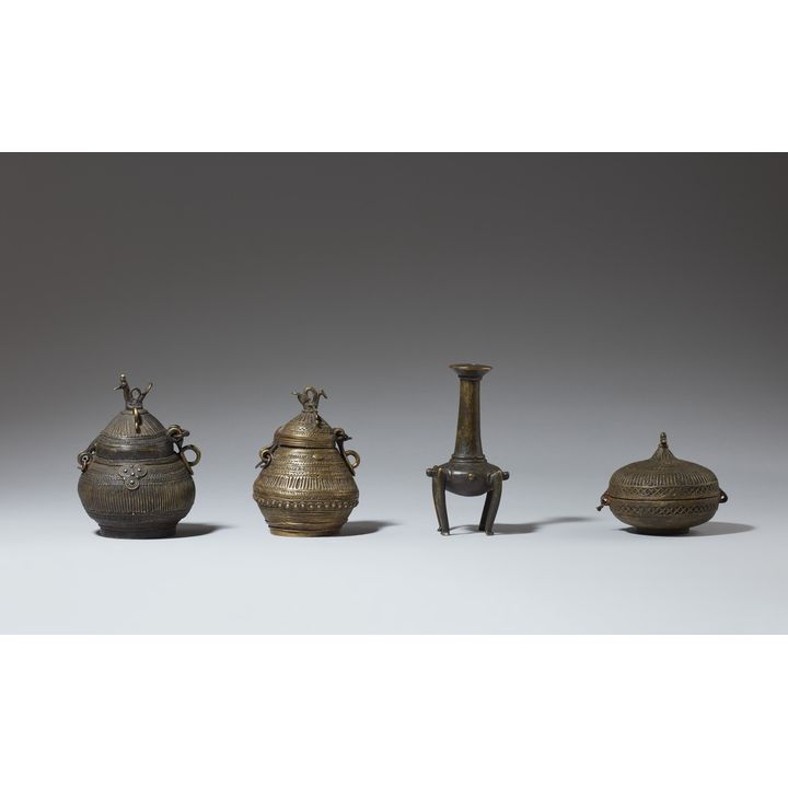 Three copper alloy lidded cosmetic pots and one flask. Eastern India. 19/20th century