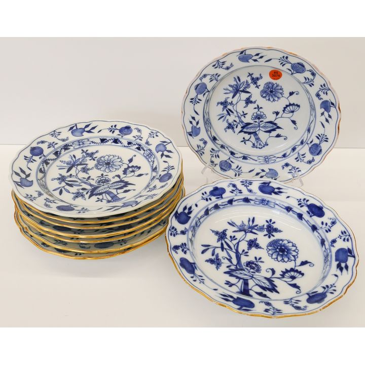9pc Meissen Blue Onion Porcelain Plates & Soup Plates- 9.25" & 9.75"