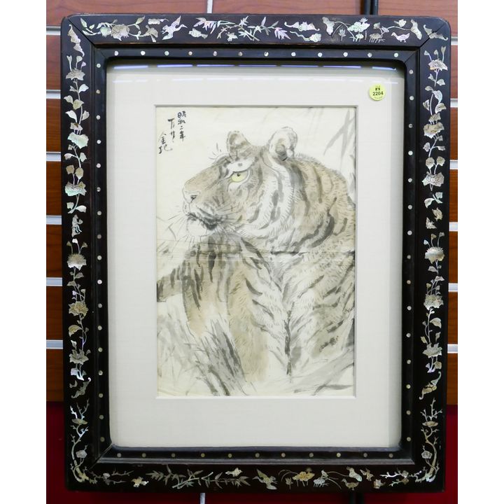 Antique Japanese Tiger Painting on Tissue in Ornate MOP Inlaid Rosewood Frame- 22x18''