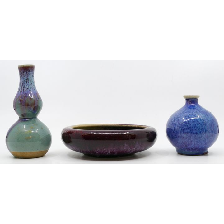 3pc Old Asian Flambe Brush Washer and Vases 3'' to 6''