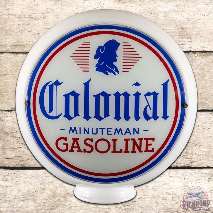 Colonial Minuteman Gasoline 13.5" Complete Gas Pump Globe Milk Glass Body